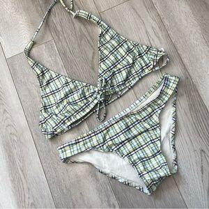 Hobie Plaid Bikini halter tie womens Green Blue (small) swim retro beach summer